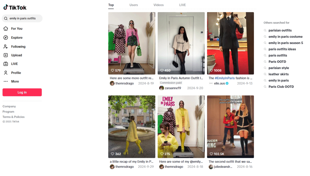 TikTok search for 'emily in paris outfits'