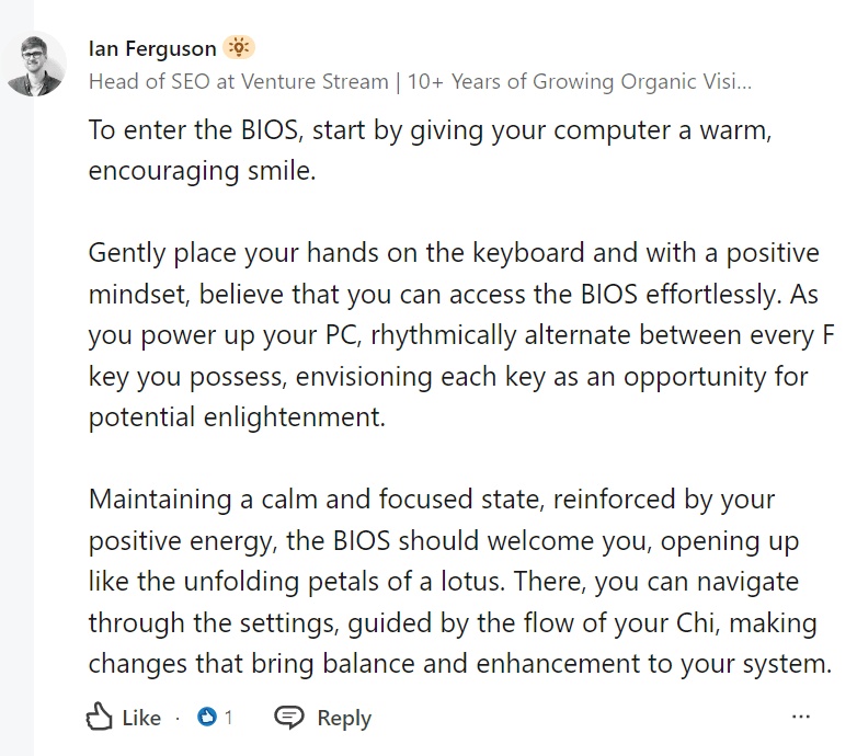 Example of LinkedIn contribution with AI content