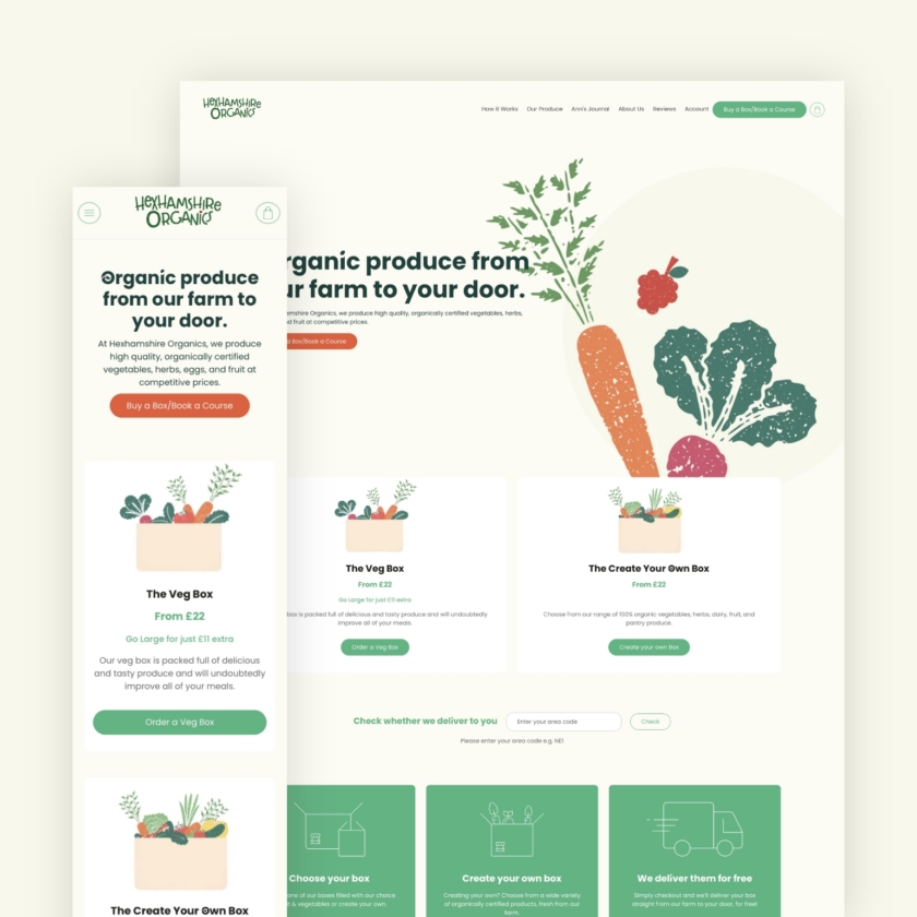 Hexhamshire Organics website on desktop and mobile