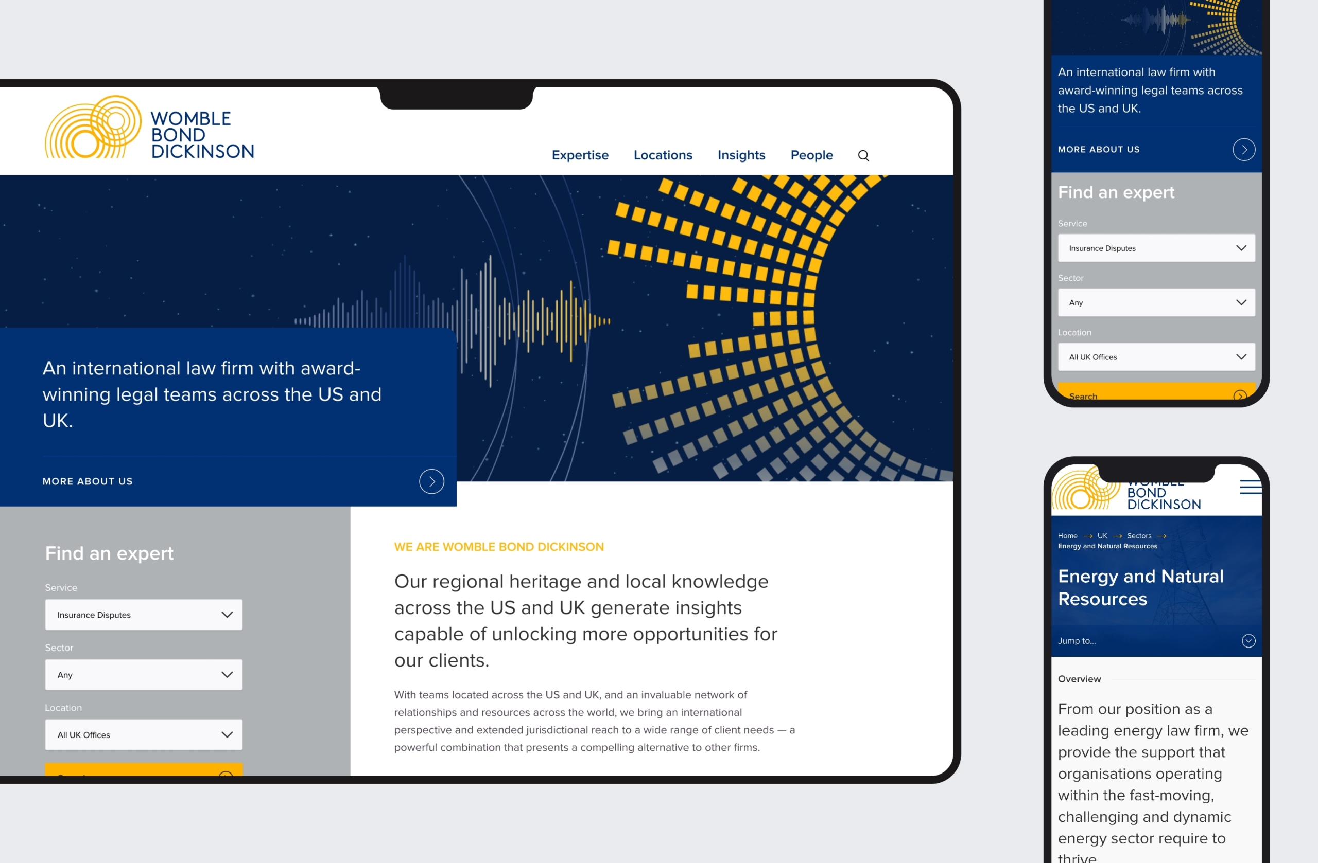 Womble Bond Dickinson website on desktop and mobile
