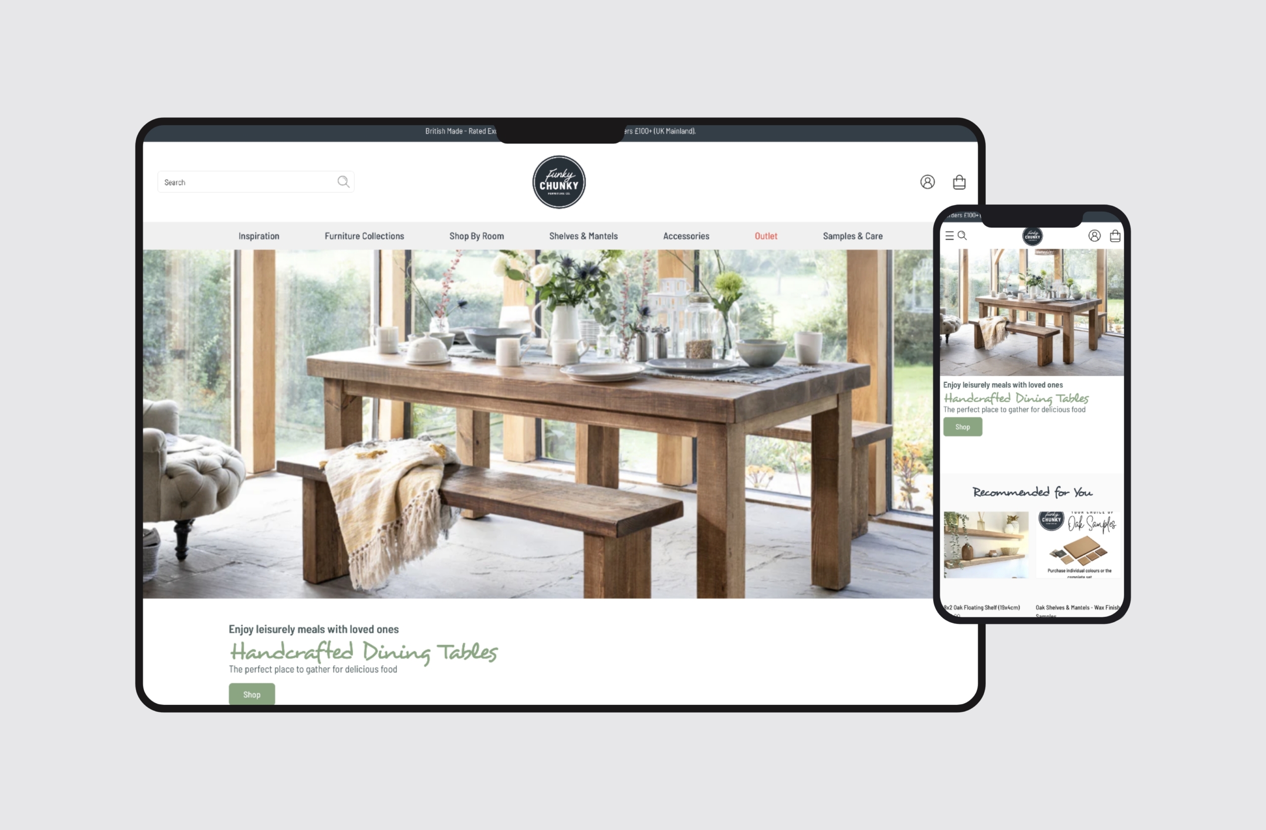 Funky Chunky Furniture website on desktop and mobile