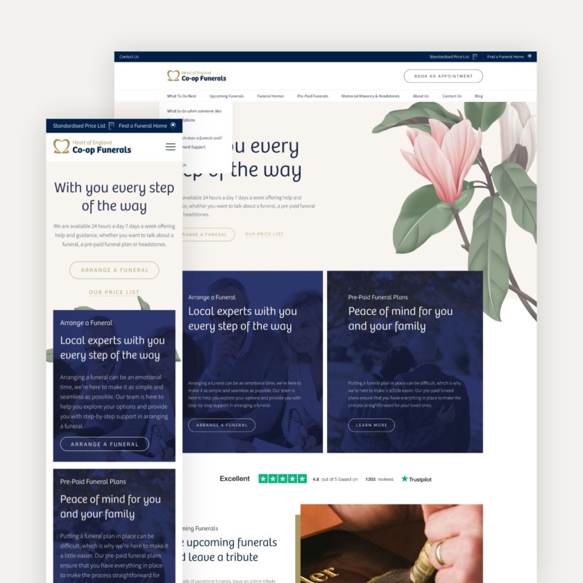 Heart of England Funerals website on desktop and mobile