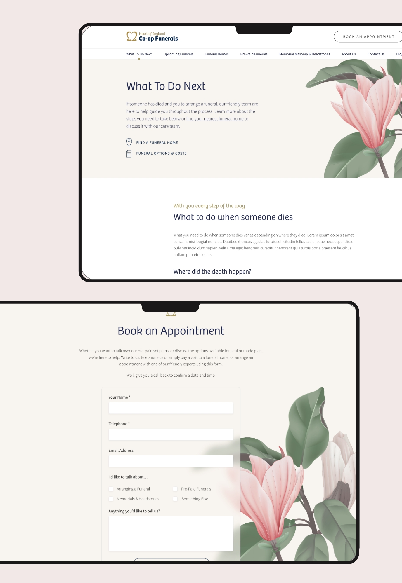 Pages of the Heart of England Funerals website on screens