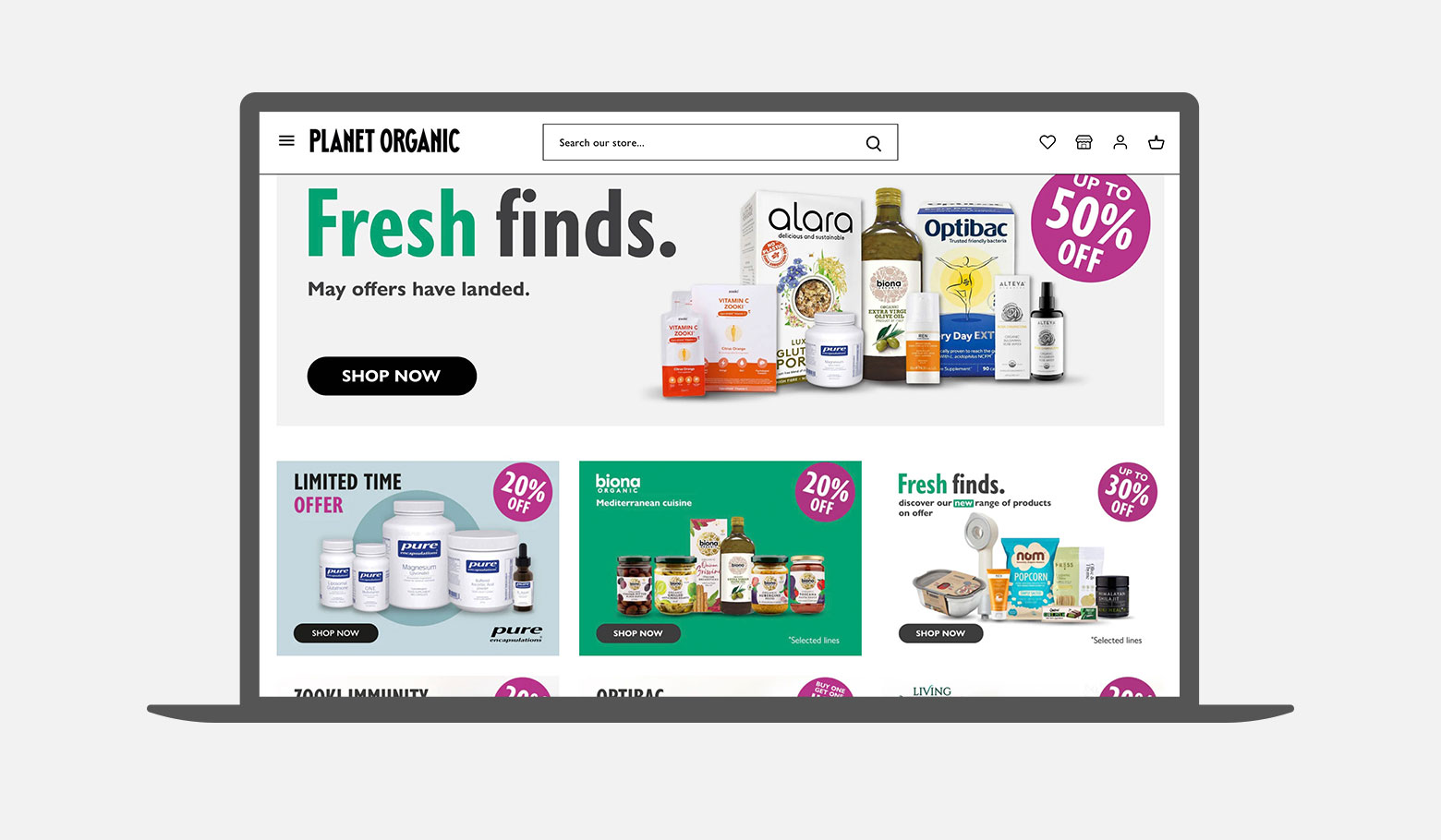 Planet Organic website on laptop computer