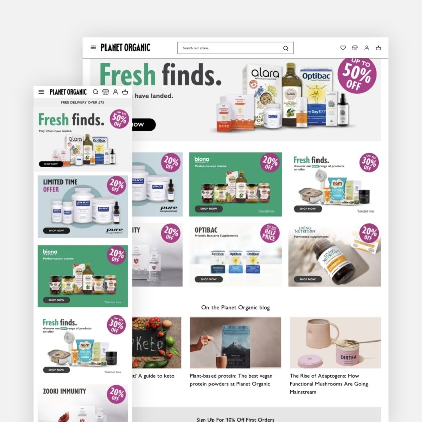 Planet Organic website on desktop and mobile
