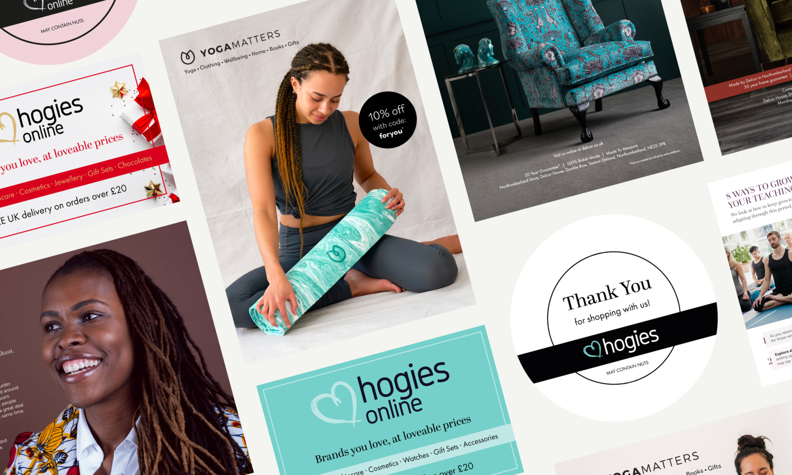 Examples of print designs including flyers and stickers