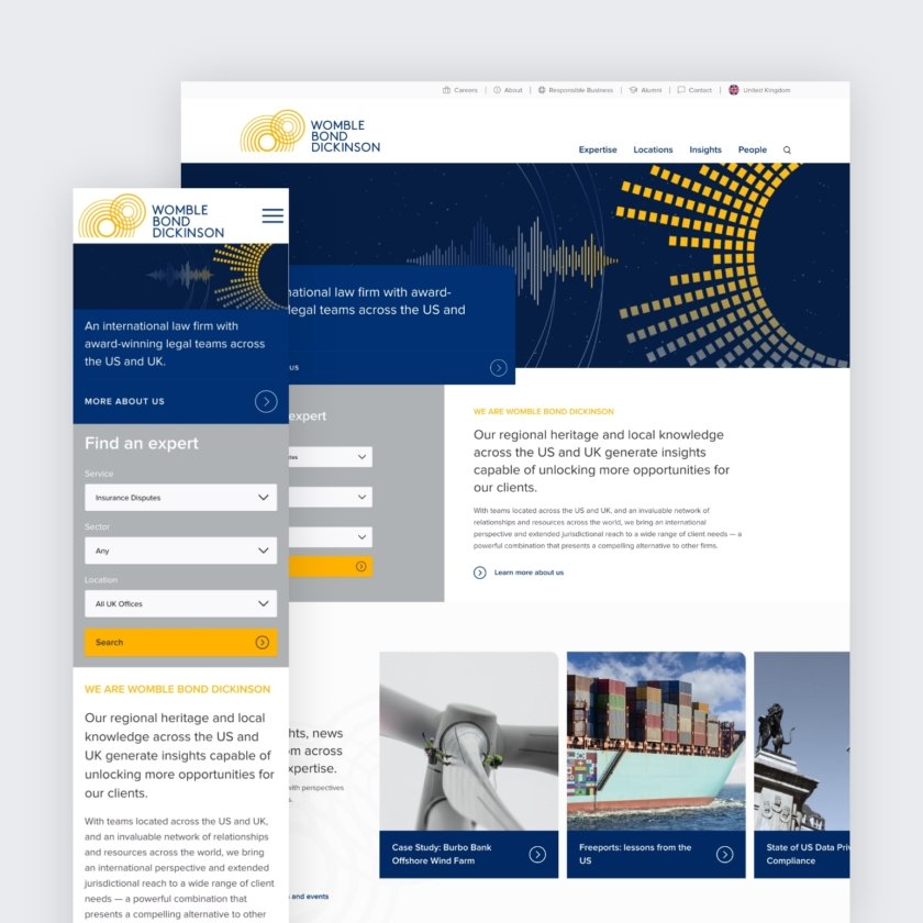 Womble Bond Dickinson website on desktop and mobile