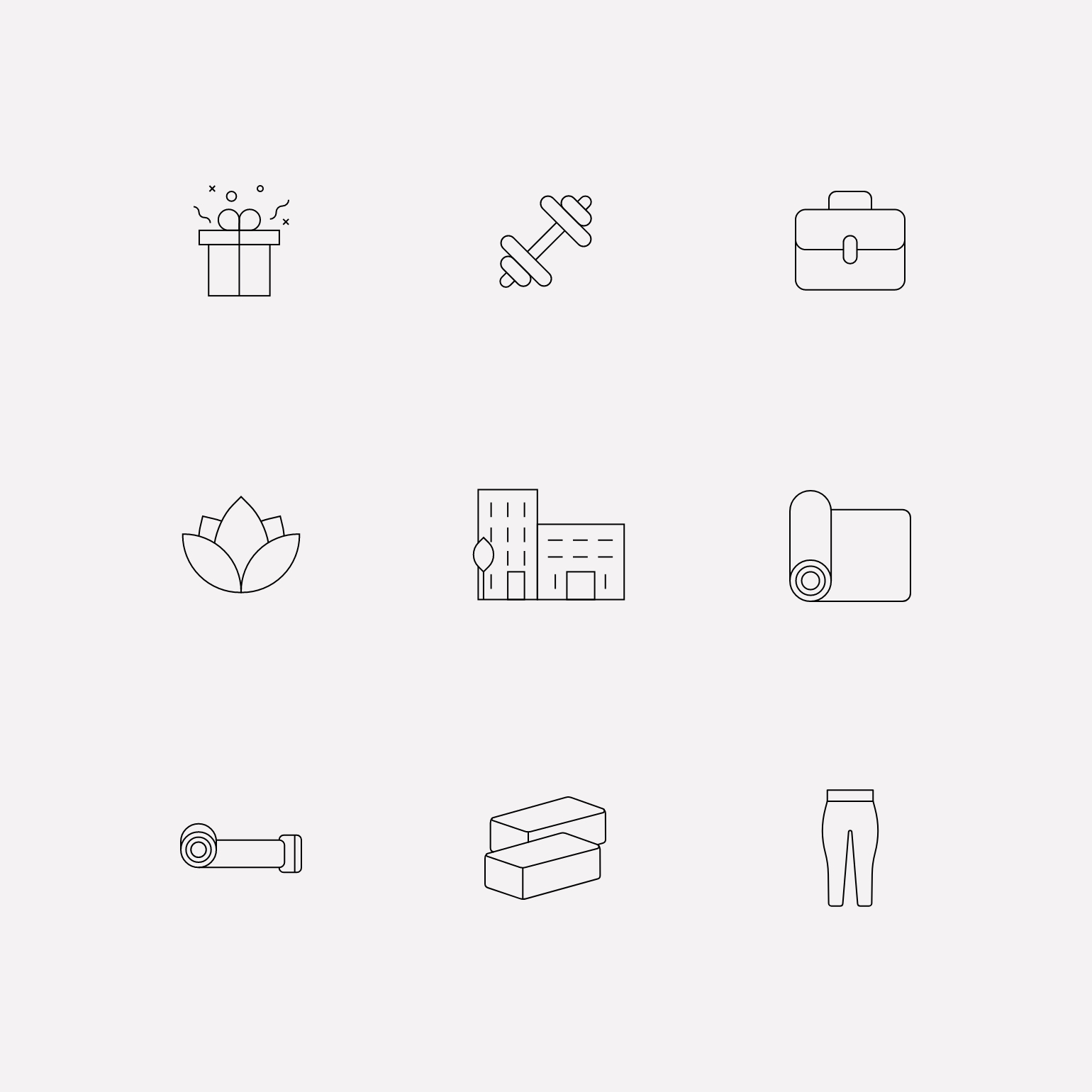 Yogamatters custom icons including gift box, yoga mat, belt, and clothing