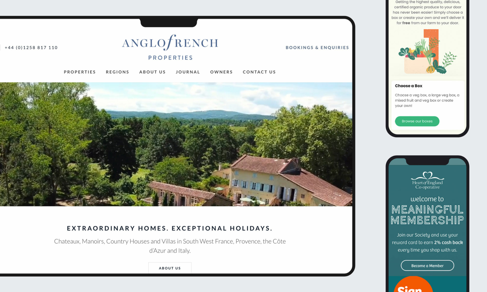 Anglo French Properties, Heart of England Co-operative, and Hexhamshire Organics websites