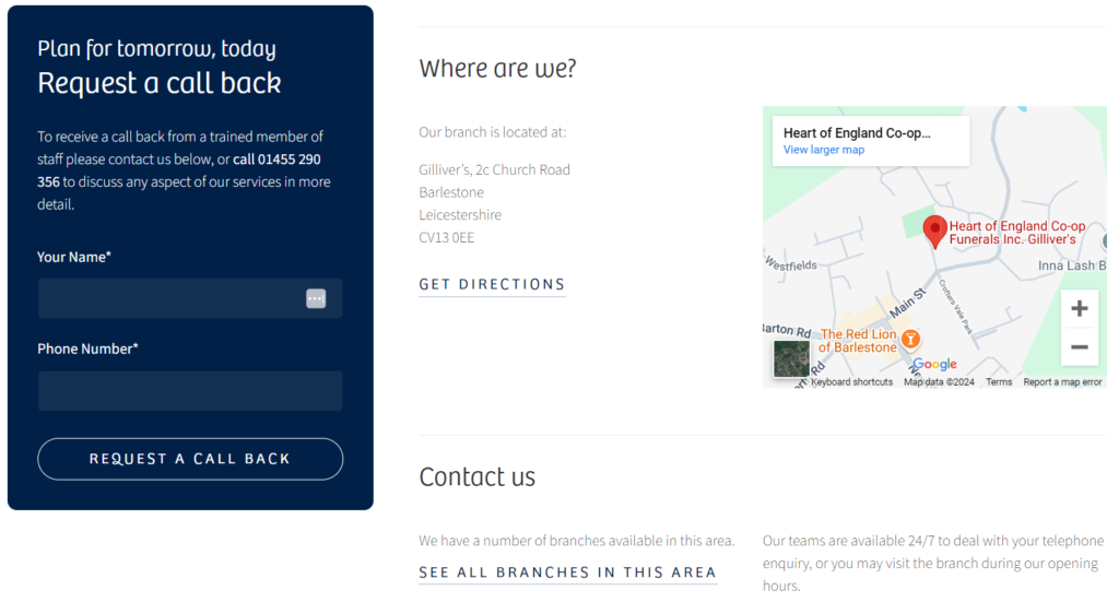 Example of Heart of England Funerals location landing page