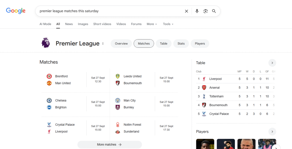 AI Overview example - Premier League match schedule