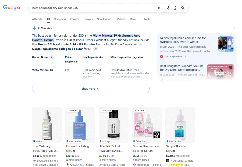 AI Overview for product query example - best serum for dry skin under £30